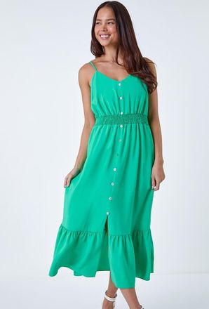 Roman Plain Shirred Button Detail Dress