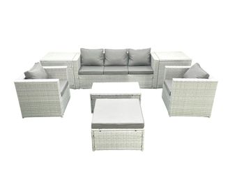 Fimous Rattan Garden Furniture Set with 3 Seater Sofa 2 Chair Rectangular Coffee Table Big Footstool 2 Side Tables Light Grey Mixed 6 Seater