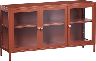 Beliani Aparador Moderno De Acero Vidrio Templado 3 Puertas Estantes Ajustables Marr&oacute;n Dorado Newport