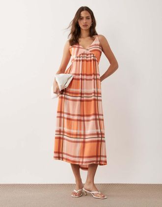 Asos Vestito lungo da giorno in misto lino arancione a quadri con scollo profondo a V-Multicolore
