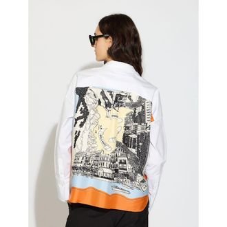 C&acirc;llas Milano Sirene Poplin Shirt with Silk Twill Lake Como Print Scarf Back in White at Nordstrom, Size 14