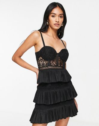 Asos lace corset mini dress with tiered pleated skirt in black