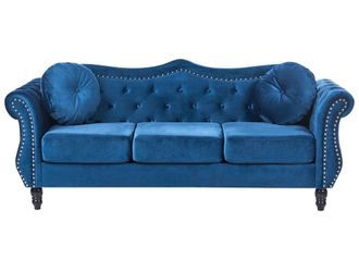 Beliani Divano In Velluto Blu A 3 Posti In Stile Chesterfield Con Cuscini Retr&ograve; Skien