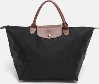 Longchamp Brown/black Nylon And Leather Medium Short Le Pliage Tote