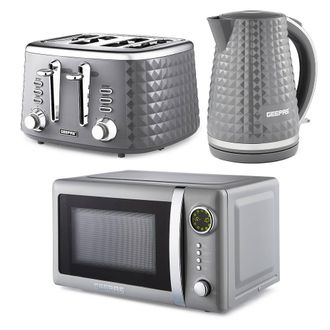 Geepas Argyle 1.7L Kettle & Toaster Set with Microwave 4 Slice Kitchen Set in Grey