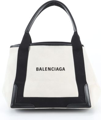 Balenciaga Black White Leather Canvas Handbag Shoulder Bag Tote Bag (Pre-Owned)