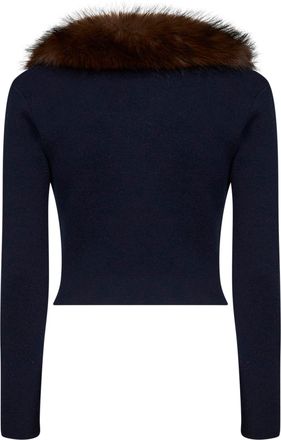 Self Portrait Womens Cardigan With Faux-Fur Collar Navy Blue Wool-Blend Cardigans Sweater
