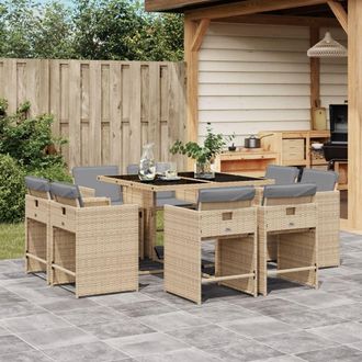 vidaXL Set Comedor De Jard&iacute;n 9 Pzas Con Cojines Rat&aacute;n Sint&eacute;tico Beige Vidaxl