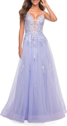 La Femme Tulle A-line Dress with Jeweled Lace Appliques in Lilac Mist at Nordstrom, Size 00