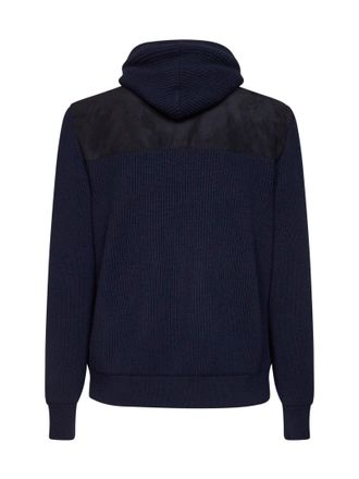 Brunello Cucinelli Mens Hooded Jacket Navy Blue Suede And Knit Bomber