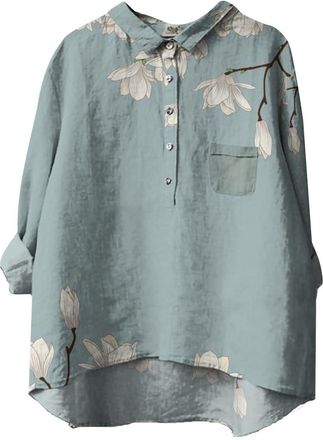 Generic Womens Long Sleeve Shirts Printed Tops Blouse 2024 Linen T Shirt for Womens Flower Printed Loose Fit Tee Tops Lapel Neck Button Blouses Long Sleeves C