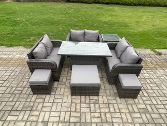 Fimous Rattan Garden Outdoor Furniture 3 PC Love Sofa Set Adjustable Rising lifting Dining Table With Side Table 3 Footstools in Dark Grey