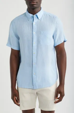 Vineyard Vines Surfside Solid Short Sleeve Linen Button-Down Shirt in Jake Blue at Nordstrom, Size Xx-Large