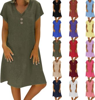 Generic Knee Length Work Holiday Jersey Dresses for Women UK Casual Plain V Neck Bohemian Midi Dress Short Sleeve T Shirts A-Line Sundress Ladies Elegant Tuni