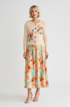 Misook Heritage Floral Embroidered Flat Knit Cardigan in Biscotti/mystic Green at Nordstrom, Size Xx-Large