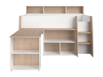 Vente-Unique Combined Bed 90 X 200 Cm With Desk & Storage - White & Natural in Light Oak | Size: Single
