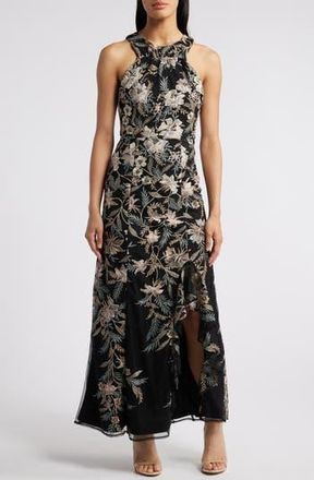 Maggy London Floral Embroidered Mesh Gown in Black/Mauve/Gold at Nordstrom Rack, Size 16
