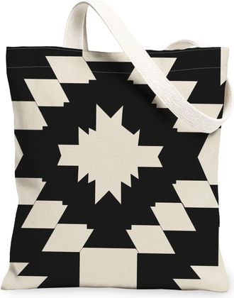 Generic Geometric Pattern Canvas Tote Bags, Stylish Black White Design Reusable Grocery Bags, Modern Lightweight Washable Shoulder, Black White, 13x15 Inch