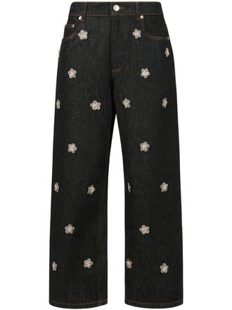 Marni Wide-Leg Black Ovine Leather Trousers with Floral Appliqu&eacute;s