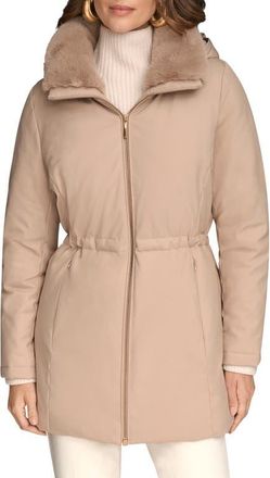 DKNY Lux Water Resistant Puffer Coat with Faux Fur Trim in Barley at Nordstrom, Size X-Small