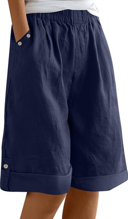 Generic Womens Linen Bermuda Shorts Long Wide Leg Casual Short Trousers Elasticated High Waist Summer Solid Shorts Knee Length Comfy Cotton Linen Pants Ladies