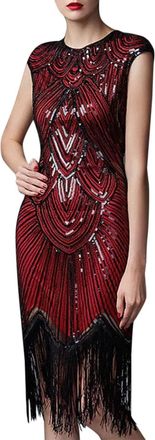 Generic 20s Dress Womens Gatsby 1920s Dresses Fringe Dress Blue Red Flapper Dress Short Charleston Costume Sequin Dress Short Sleeve Fancy Dress Fringe Carniv