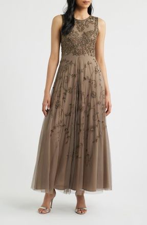 Pisarro Nights Embellished Cocktail Dress with Open Front Jacket in Mocha at Nordstrom, Size 10P