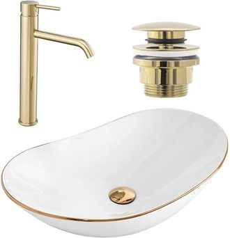 Rea Rea - Set Lavabo Sobre Encimera Royal Gold Edge + Grifo De Ba&ntilde;o Lungo Gold + Tap&oacute;n Gold