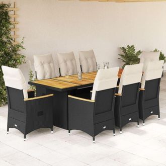 vidaXL Set De Mesa Y Sillas De Jard&iacute;n 9 Pzas Y Cojines Rat&aacute;n Pe Negro