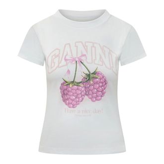 Ganni T-Shirts, female, White, Size: XS Baby Fit T-shirt with Raspberry
