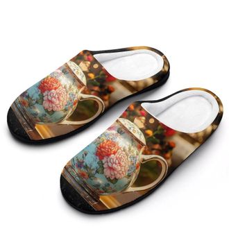 Generic Rose Flower Tea Pot Womens Slippers Warm House Slippers Indoor House Shoes with Anti-Skid Rubber Sole