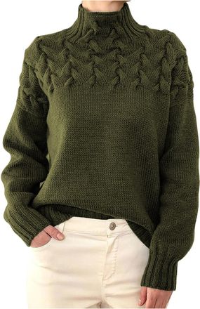 Generic Roll Neck Jumpers for Women UK Long Sleeve Round-Neck Pullover Sweaters Ladies Tops Turtle Neck Jumpers Solid Color Cable Knit Sweater Loose Sweatshir