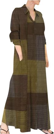 Generic Blouse Dress Womens Long Sleeve Maxi Checked Shirt Dress Long Beach Dress Linen Maxi Dress with Button Placket Linen Dress Summer Dress with Pockets L