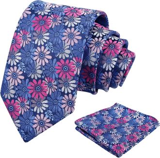 Alizeal Mens Flower Necktie Daisy Floral Wedding Business Multicolor Modern Tie and Pocket Square Set, Navy+Hot Pink