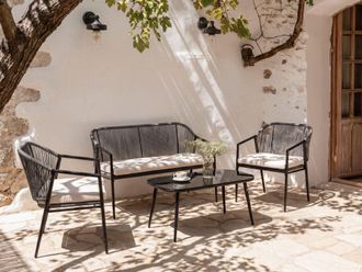 Beliani Conjunto De Jard&iacute;n 4 Plazas Rat&aacute;n Sint&eacute;tico Estructura De Metal Cojines De Tela Con Fundas Extra&iacute;bles Sillones Sof&aacute; Y Mesa Negro Flero