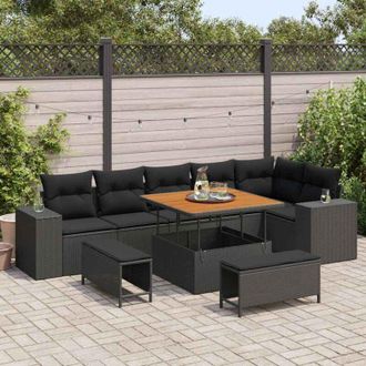 vidaXL Conjunto De Sof&aacute; De Jard&iacute;n Con Coj&iacute;n Con Almohada 9 Pcs Negro