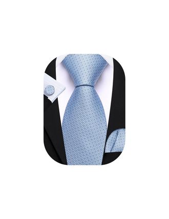 Barry.Wang Mens Tie Silk Light Blue Necktie Pocket Square Cufflinks Set Wedding Business