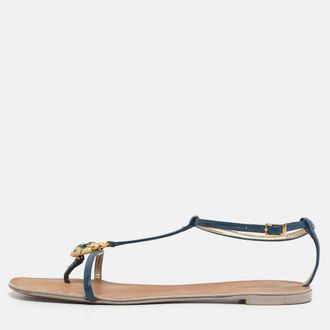 Roberto Cavalli Blue Patent Leather Embellished Thong Flat Sandals