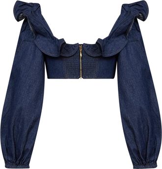 Zimmermann Womens Cropped Frill Top Aster Ink Blue Cotton Tops