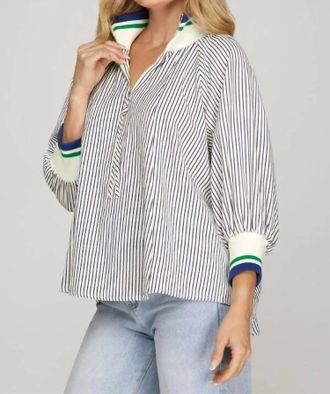 She + Sky Womens Half Zipped Striped Top In Navy White