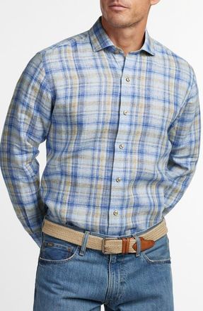 David Donahue Linen Check Sport Shirt in Blue/Dune at Nordstrom, Size Xx-Large