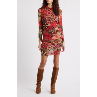 Farm Rio Flowershop Long Sleeve Floral Mesh Minidress in Red Multi at Nordstrom, Size X-Small