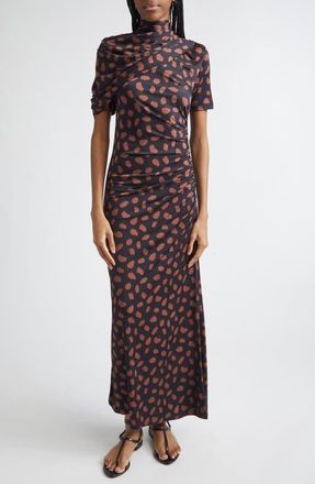 Johanna Ortiz Serene Print Ruched Jersey Safari Dress in Black /Coffee at Nordstrom, Size 10