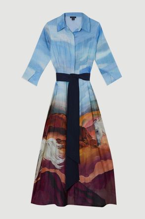 Karen Millen Womens Silk Cotton Stallion Print Woven Belted Maxi Shirt Dress - Blue - Size 6 UK