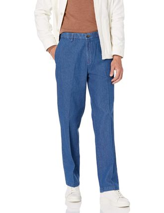 Haggar Mens Work to Weekend No Iron Denim Flat Front & Pleat Pant - Regular and Big & Tall Sizes, Medium Stonewash, 36W x 31L