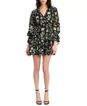 En Saison Emory Mini Dress Womens Black Floral Ruffle Hem V-Neck PAL59