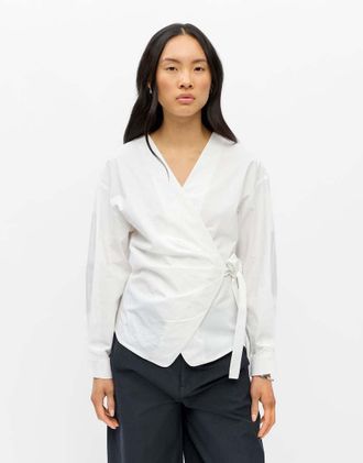 Object camicia avvolgente a maniche lunghe con colletto alla francese bianca-Grigio