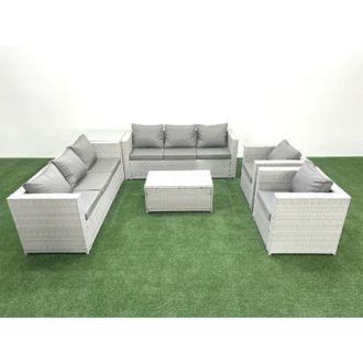 Fimous Fimous - Outdoor Rattan Sofa Garden Furniture Set with 2 Armchairs Oblong Coffee Table Side Table Light Grey Mixed