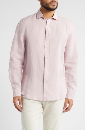 Bugatchi Axel Shaped Fit Linen Button-Up Shirt in Dusty Pink at Nordstrom, Size Xxx-Large