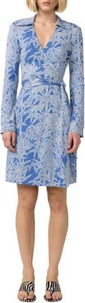 Diane Von F&uuml;rstenberg New Jeanne Leaf Print Long Sleeve Silk Wrap Dress in Fuji Dusk Blue at Nordstrom, Size Xx-Small